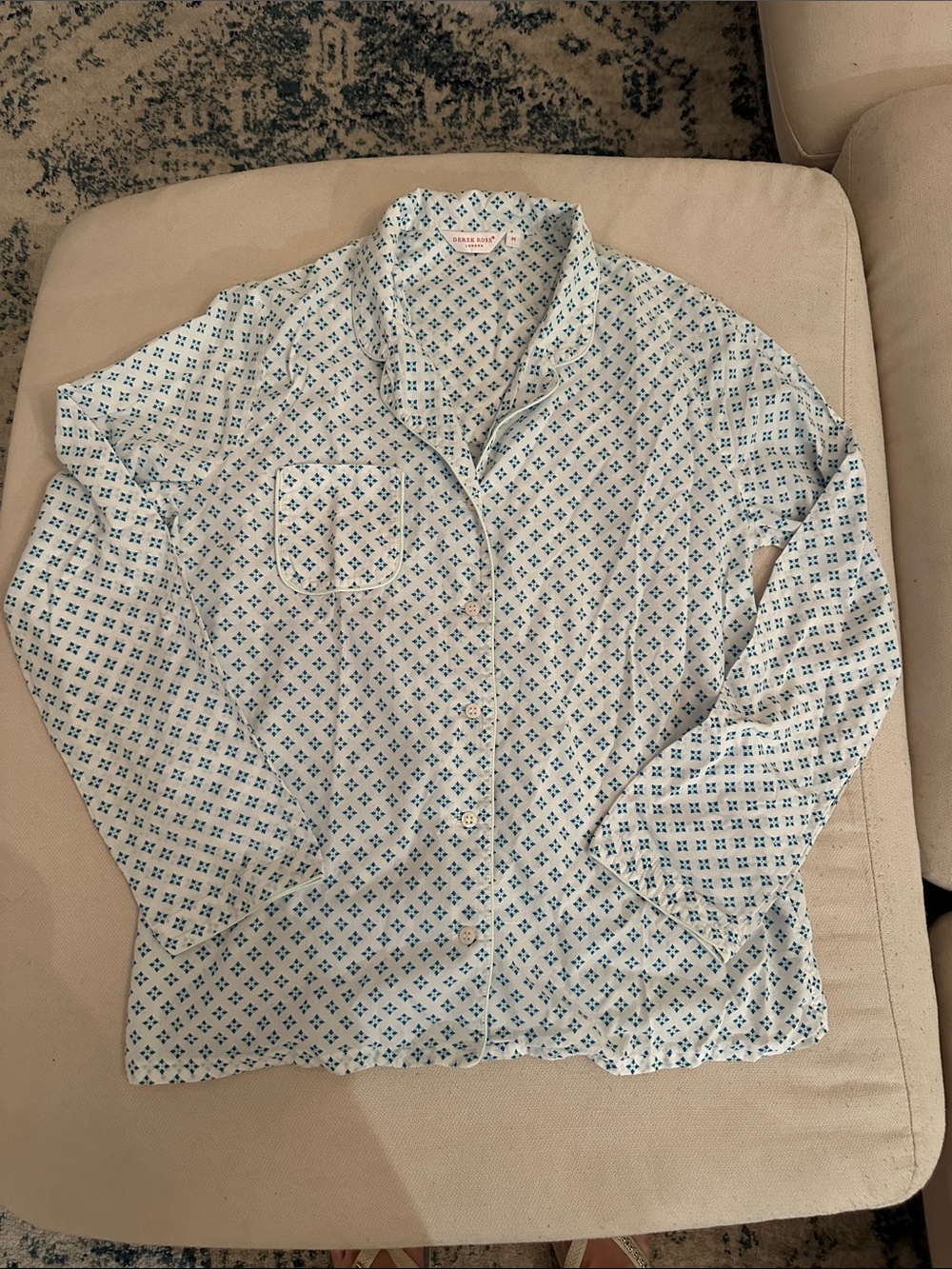 Derek Rose Pajama Top Button Down White Blue size M